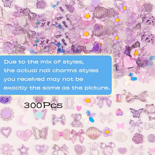 Tatiwoo 300Pcs Purple 3D Nail Charms Assorted Shapes Flower Butterfly Bowknot