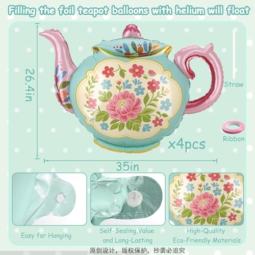 35" Green Blue Teapot Balloons - 4 Pcs Foil Tea Party Decorations