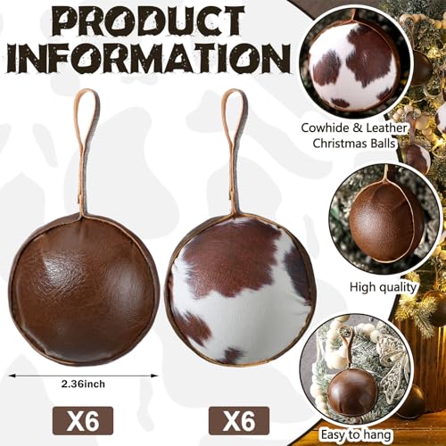 12 Pcs Cowhide Christmas Ornaments - Rustic Western Holiday Decor, 2.36 Inch