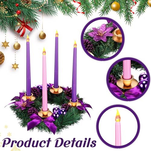 Christmas Advent Wreath Candle Holder Set with 8 LED Candles | Purple & Pink