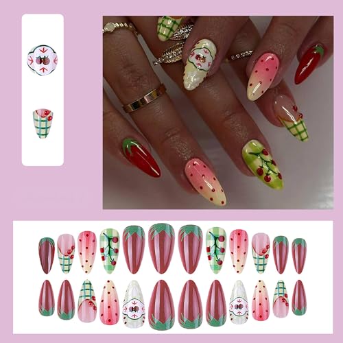 Press On Nails Medium Almond Fruit Theme Reusable Acrylic Fake Nails