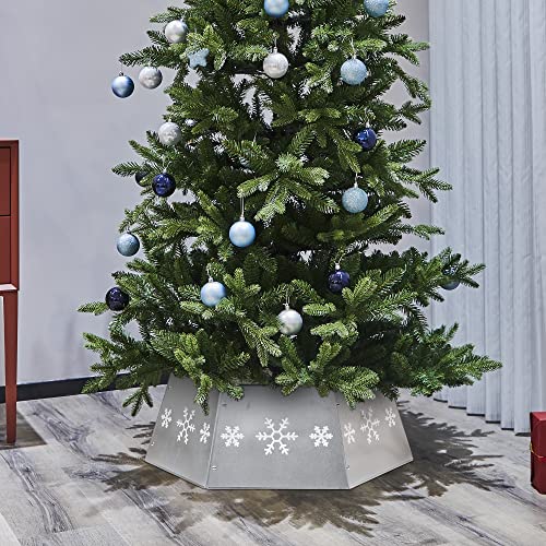 Metal Christmas Tree Ring with Snowflake Print - Silver Tree Collar Stand, 26.6-inch