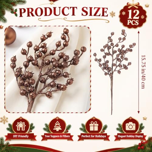 Christmas Berry Picks Set - 12 Artificial Glitter Brown Berry Stems