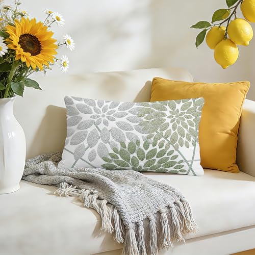Sage Green Dahlia Boho Lumbar Pillow Cover 12x20 - Double-Sided Floral Design