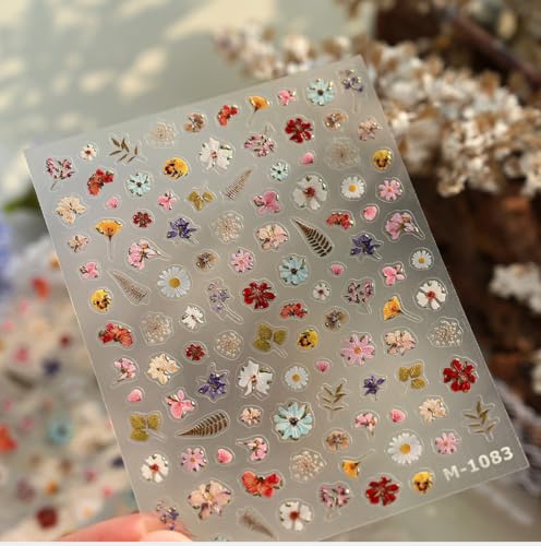 Qdsuh 5D Embossed Dried Flower Nail Stickers Floral Art Decals