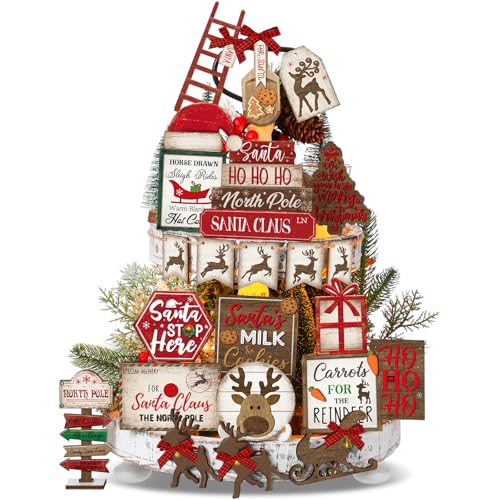 Christmas Tiered Tray Decor Set - Red Elk Themed, 23 Pieces