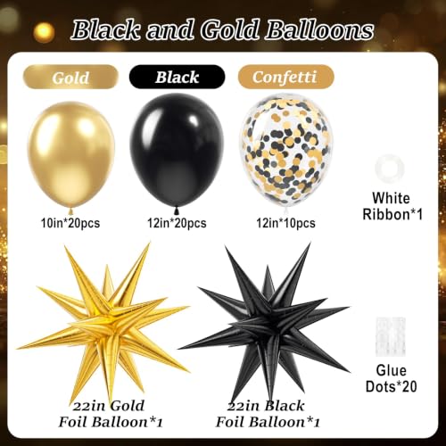 52pcs Black and Gold Balloons Kit with Confetti - 12inch