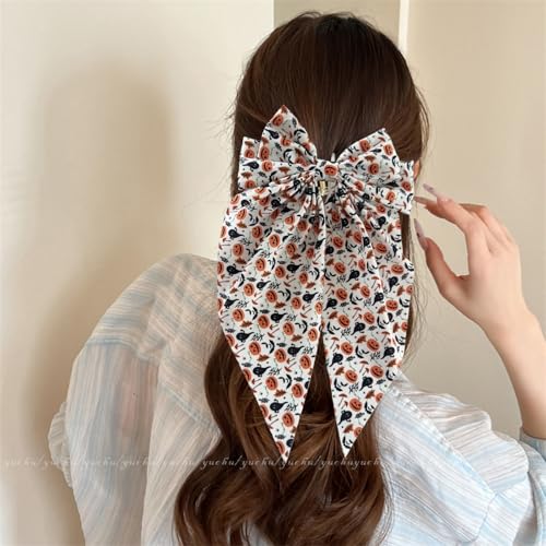 Halloween Hair Bow Clip Big Pumpkin Ghost Long Tail Ribbon Barrette