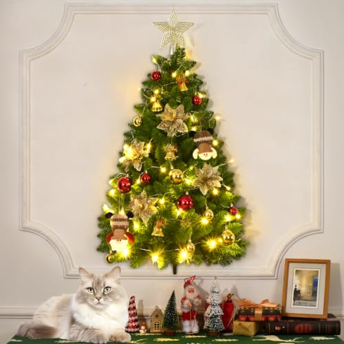 Dark Green 3FT Wall Christmas Tree Half Hanging with Lights & Ornaments - Pet Safe