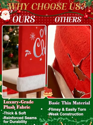 Red Plush Santa Hat Chair Covers for Dining Chairs Set of 4 - Christmas Decor