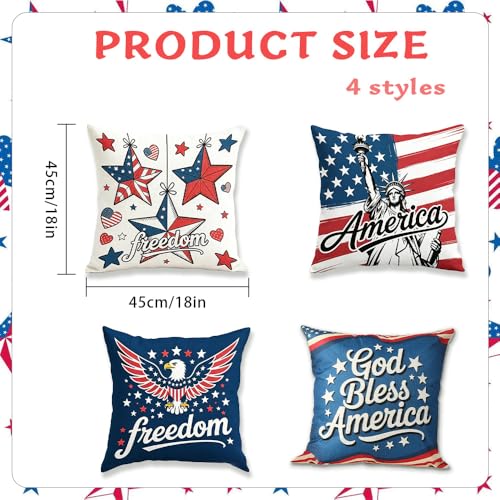 QPIXVB 18x18 Patriotic Throw Pillow Covers Set of 4 Red White Blue Outdoor Home Decor