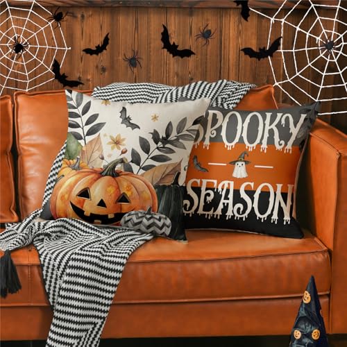 Halloween Pumpkin & Spooky Fall Leaves Throw Pillow Covers Set of 4 18x18