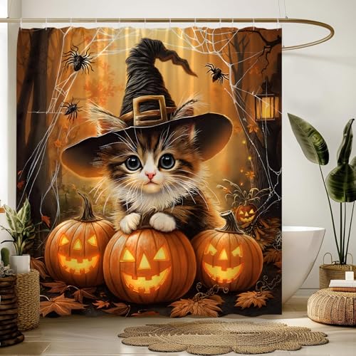 Halloween Cat Shower Curtain - 70x70 Inch Pumpkin Design