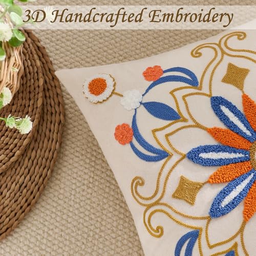 Embroidered Floral Throw Pillow Cover 22x22 - Orange & Blue