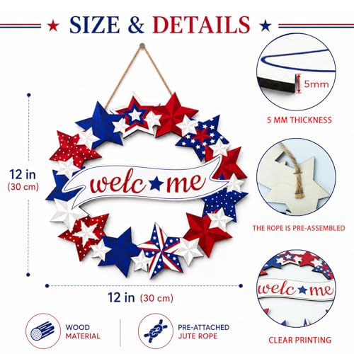 Patriotic Wooden 4th of July Door Sign - 12x12 Inch Star Decor