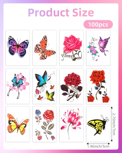 Watercolor Flower and Butterfly Temporary Tattoos - 100 Pack Waterproof Fake Tattoo Stickers for Women and Girls
