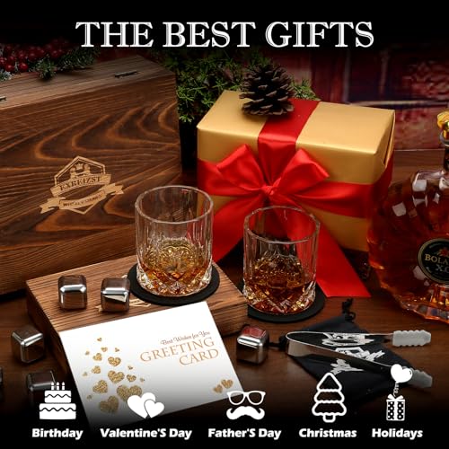 Whiskey Stones and Glass Set with Stainless Steel Cubes & 2 Whiskey Glasses - Bourbon Gift for Men