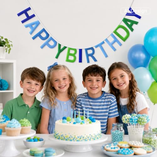 Happy Birthday Banner Pre-Strung Sign - Reusable Blue Green Decor
