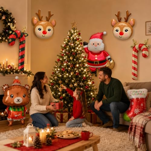 7 Pcs Christmas Foil Balloons Set - Santa Reindeer Bear Candy Cane Xmas Decorations