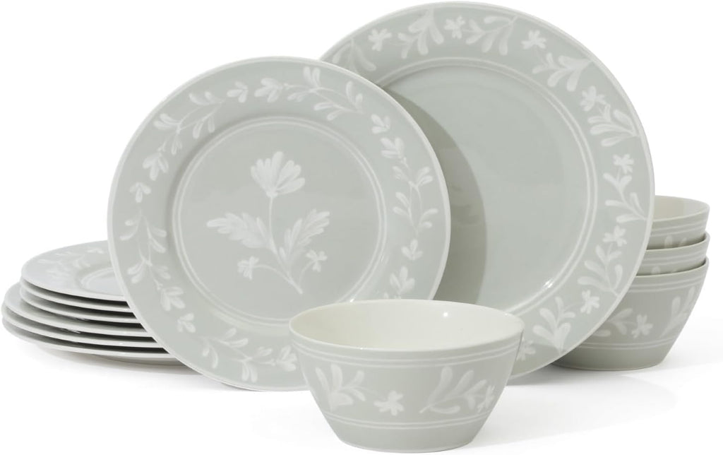 Martha Stewart Dinnerware Set - Maiden Crown 12-Piece Floral Dish Set, Sage Green | New Bone China, Service for 4, Microwave & Dishwasher Safe