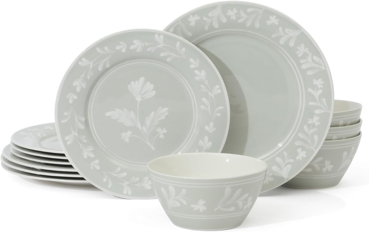 Martha Stewart Dinnerware Set - Maiden Crown 12-Piece Floral Dish Set, Sage Green | New Bone China, Service for 4, Microwave & Dishwasher Safe