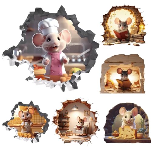Whimsical 3D Mouse Hole Wall Decals - 6PCS Peel and Stick Stickers for Kids Room