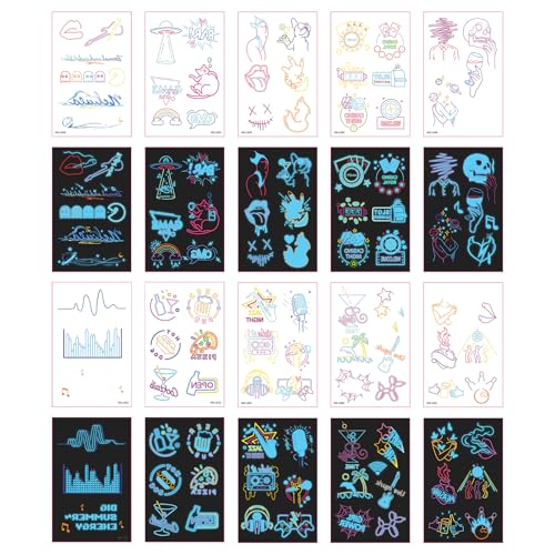 Glow in the Dark Temporary Tattoos - 56 Blue Designs, 10 Sheets