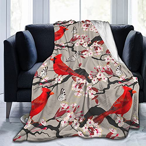 Cardinal Throw Blanket with Cherry Flowers - 60x50 Inches - Christmas Decor for Sofa