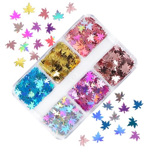 Fall Maple Leaf Nail Art Sequins - 6 Grid Holographic Autumn Glitter Set