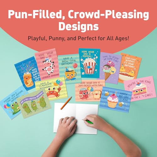 Funny Birthday Cards Bulk Set with Envelopes – 24 Punny Greeting Cards for Kids & Adults