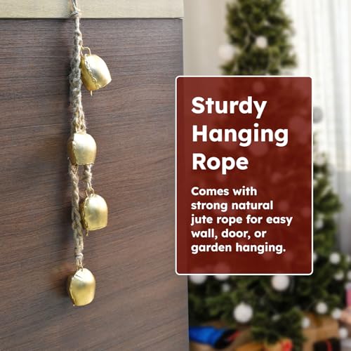 Christmas Hanging Large Cow Bells - Rustic Golden Metal Bells for Farmhouse, Garden & Holiday Décor (Medium Rope Set 4)
