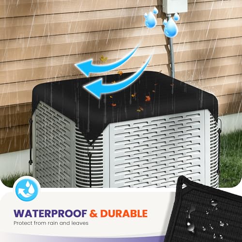 PATIOBREEZE 32x32 Waterproof Outdoor AC Cover with Bungee Cords - Black, 350GSM