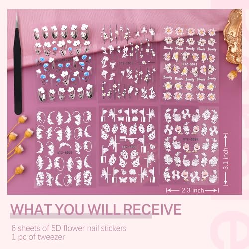 BELLEBOOST 6 Sheets 5D Flower Nail Art Stickers with Tweezer Embossed Floral Decals