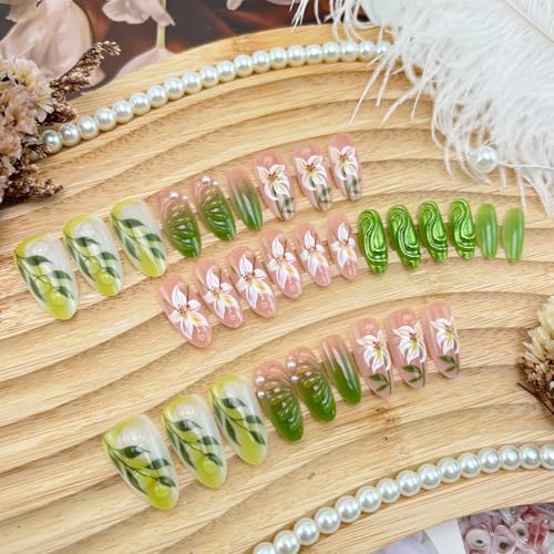 GUAACCB Green Floral Press on Nails Medium Almond Fake Nails 30Pcs