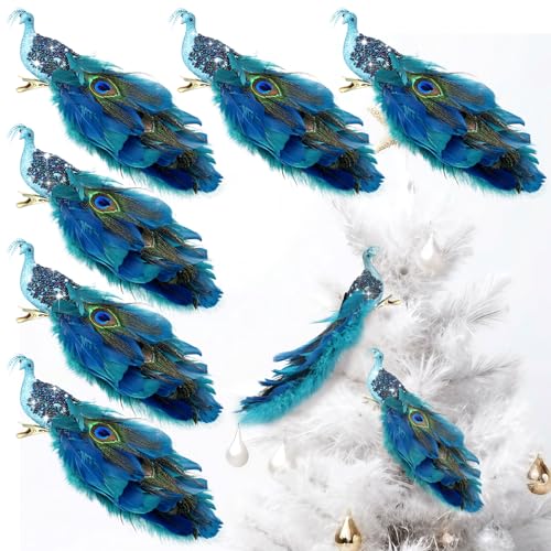 6 Classic Style Peacock Christmas Tree Ornaments with Feathers - Holiday Decorations