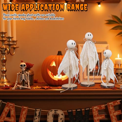 White Wooden Ghost Halloween Decorations - Set of 3 Rustic Shelf Sitters