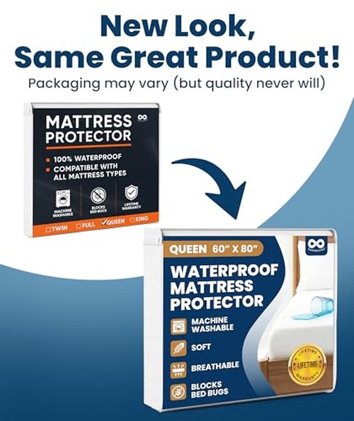 Everlasting Comfort Premium Queen Size Mattress Protector - Waterproof & Hypoallergenic, Noiseless Design, Washable Cover, 18" Deep Pocket, Bed Bug & Dust Mite Proof Cover for Sleep Hygiene