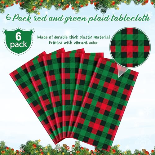 Christmas Plastic Plaid Tablecloth Set - Red & Green Buffalo Check, 54x108 Inches, 6 Pack