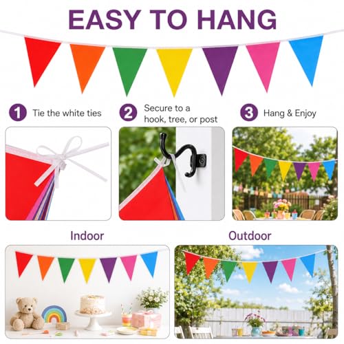 30ft Reusable Rainbow Pennant Banner - 21 Large Flags for Events
