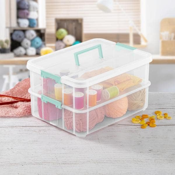 Sterilite Stack & Carry 2-Layer Box - Clear Lid & Blue Handle for Easy Organization