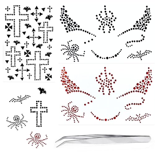 AIUPUOC Halloween Face Gems and Rhinestone Stickers with Tweezers 3Pcs