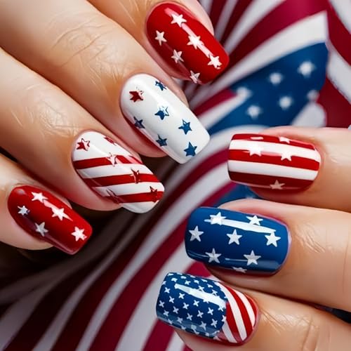 Patriotic Press On Nails Medium Square Independence Day False Nails