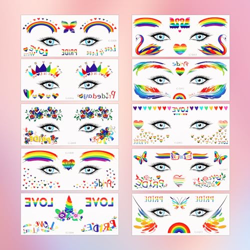 Lasuroa Rainbow Temporary Pride Tattoos - 10 Sheets Waterproof Face & Body Stickers for Festivals and Party Celebrations