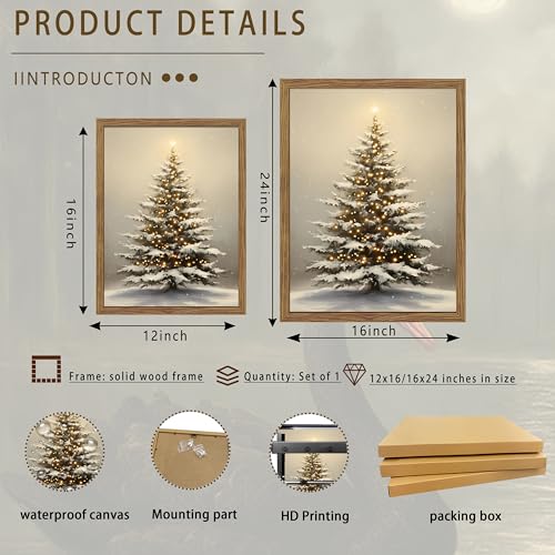 Christmas Tree Wall Decor Framed Snowy Holiday Canvas Art - 24x16 Inches