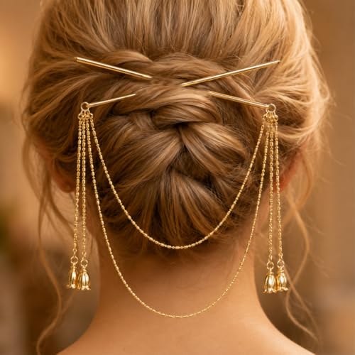 Vintage Gold Hair Pins with Tassel Chains Chinese Style Hair Stick