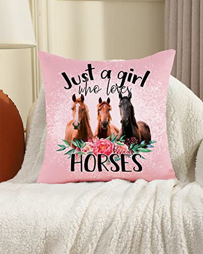 PreLiving Just A Girl Who Loves Horses Pink Pillow Cover 18x18 Inches – Farmhouse Animal Decor for Girls & Women