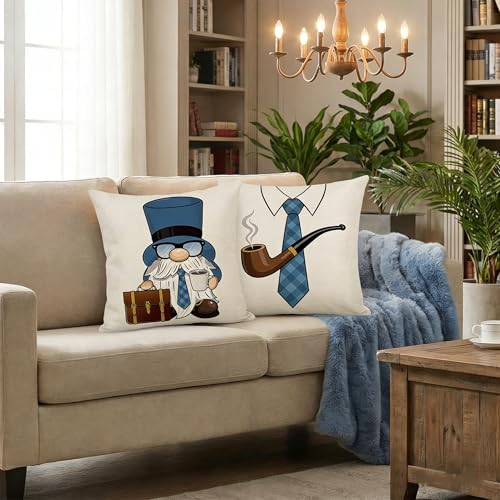 Karii Father's Day Pillow Covers Set of 4 - Navy Blue Gnome Decor