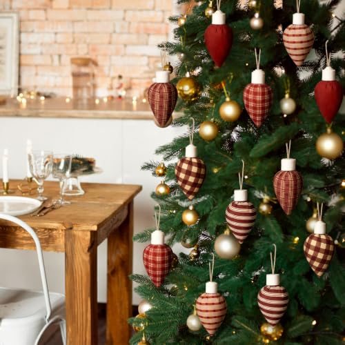 12 Rustic Christmas Light Bulb Ornaments - Plaid Cotton Tree Decor