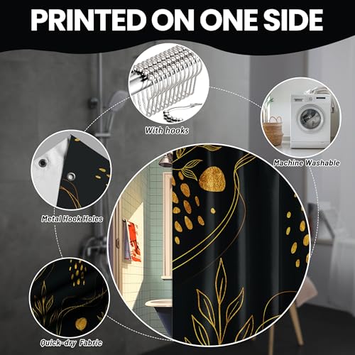 Black and Gold Waterproof Shower Curtain - Boho Mid Century Modern 70x72