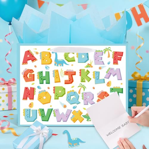 Large Baby Boy Dinosaur Gift Bag with Tissue Paper and Greeting Card